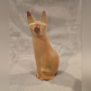 Handcarved Pink &‎ Cream Soapstone Sitting Cat Figurine Made In Kenya 7"